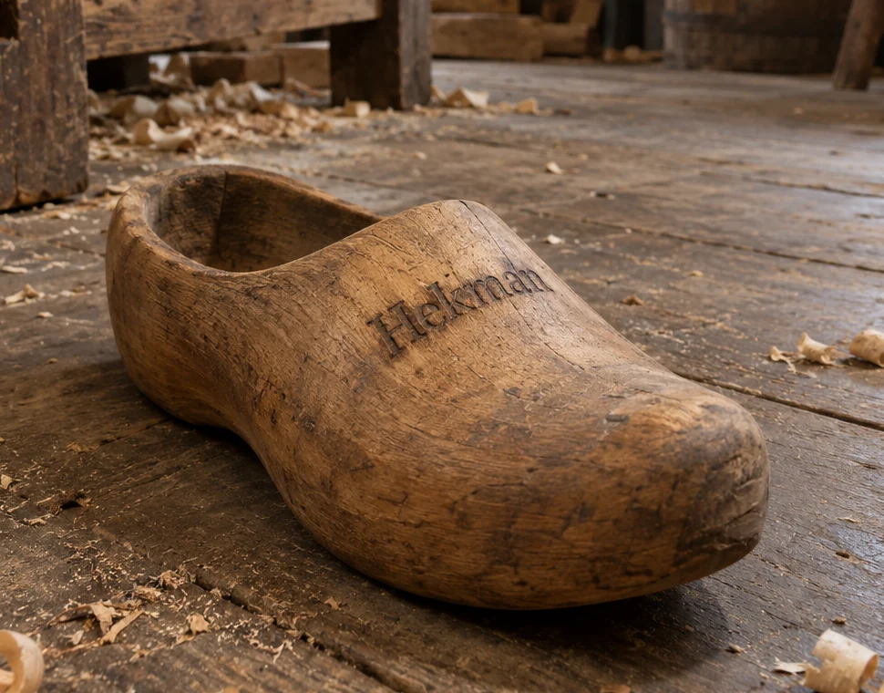 A single handcrafted wooden clog in a rustic workshop, with Hekman burned into the wood.