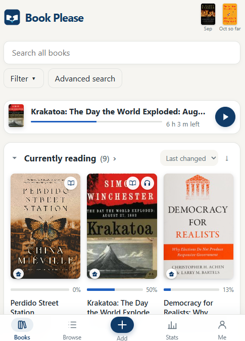 Book Please library showing a reader’s books and reading progress